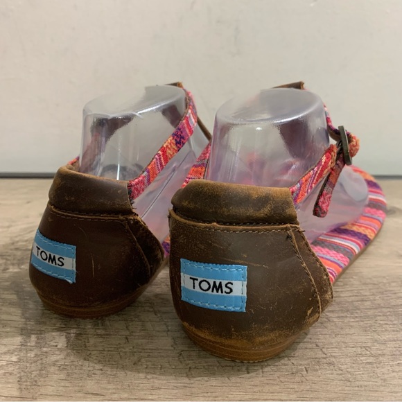 TOMS Colorful PLAYA Tribal STRIPED Brown LEATHER Bohemian T-STRAP SANDALS 9 - Picture 6 of 8